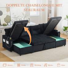 Modern 4-Personen-Samtsofa Mit Beidseitigen Chaiselongues, Integrated Stauraum, Getränkehaltern, USB-Anschlüssen Und Ausziehbarer Schlaffunktion – Style Für Jedes Wohnzimmer.Schwarz - Black + Corduroy + Foam + 4 Seat - View 3