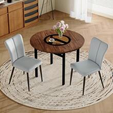 Modern Minimalist Rundes Esstisch-Set (Mit 2 Hellgrauen PU-Stühlen), Runder Tisch Mit Durchmesser In Holzoptik, Geeignet Für Esszimmer Und Küche. - Brown+Black + Light Gray + Glass+Metal + PU Leather + Seats 2 - View 7