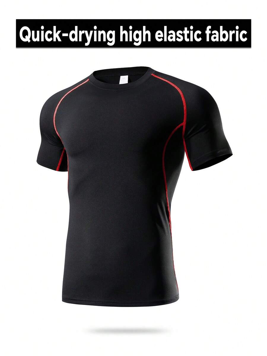 Men's Sports T-Shirt Short Sleeve Compression Breathable Quick-Dry Fitness Top, Tight Core Workout Base Layer Moisture Wicking Black Summer - Black - View 1