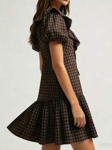 Women Mini Dress Short Sleeve V Neck Plaid Dress Loose Summer Dress For Casual Daily Dating - 咖啡 - 查看 2