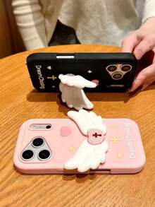 1pc New INS Style 3D Angel Wings Stand Holder Case Compatible With IPhone 17 Pro Max, Compatible With IPhone 16, 15 Plus, 14 Pro, 13 Pro Max, 12 Pro Max, Soft Silicone Fashionable Protective Cover - Black - View 4