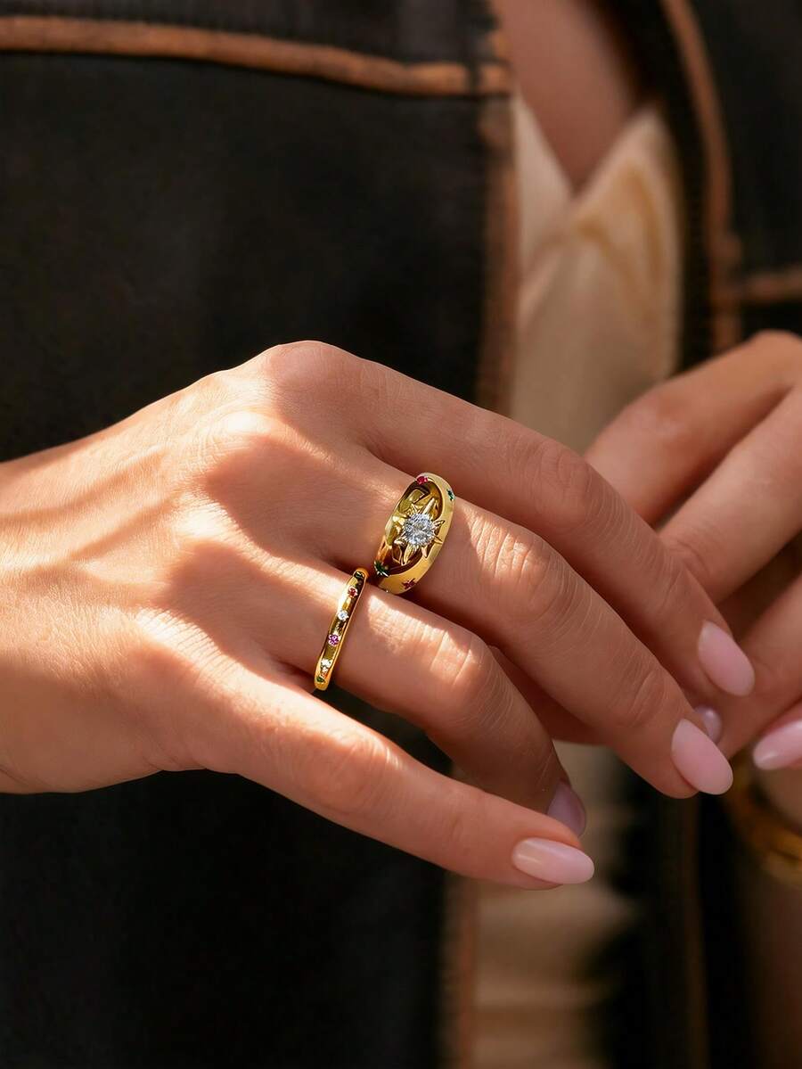 rundraw 2件套2026新款时尚几何彩色锆石复古铜色可调节戒指套装，送给女性的绝佳礼物，适合日常、约会、派对佩戴，是送给朋友、女友、爱人的最佳礼物。