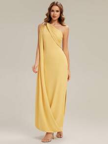 EVERPRETTY 优雅不对称领口无袖侧开衩正式晚礼服 - 黃色 - 查看 6