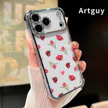 Ladybug Floral Dream Pattern Phone Case For IPhone 17 Pro Max 16 15 Plus Air 14 13 12 11 E Electroplated Cover With Airbag Shockproof Soft Silicone Casing,Suitable For IPhone17 Air - 粉色 - 查看 7
