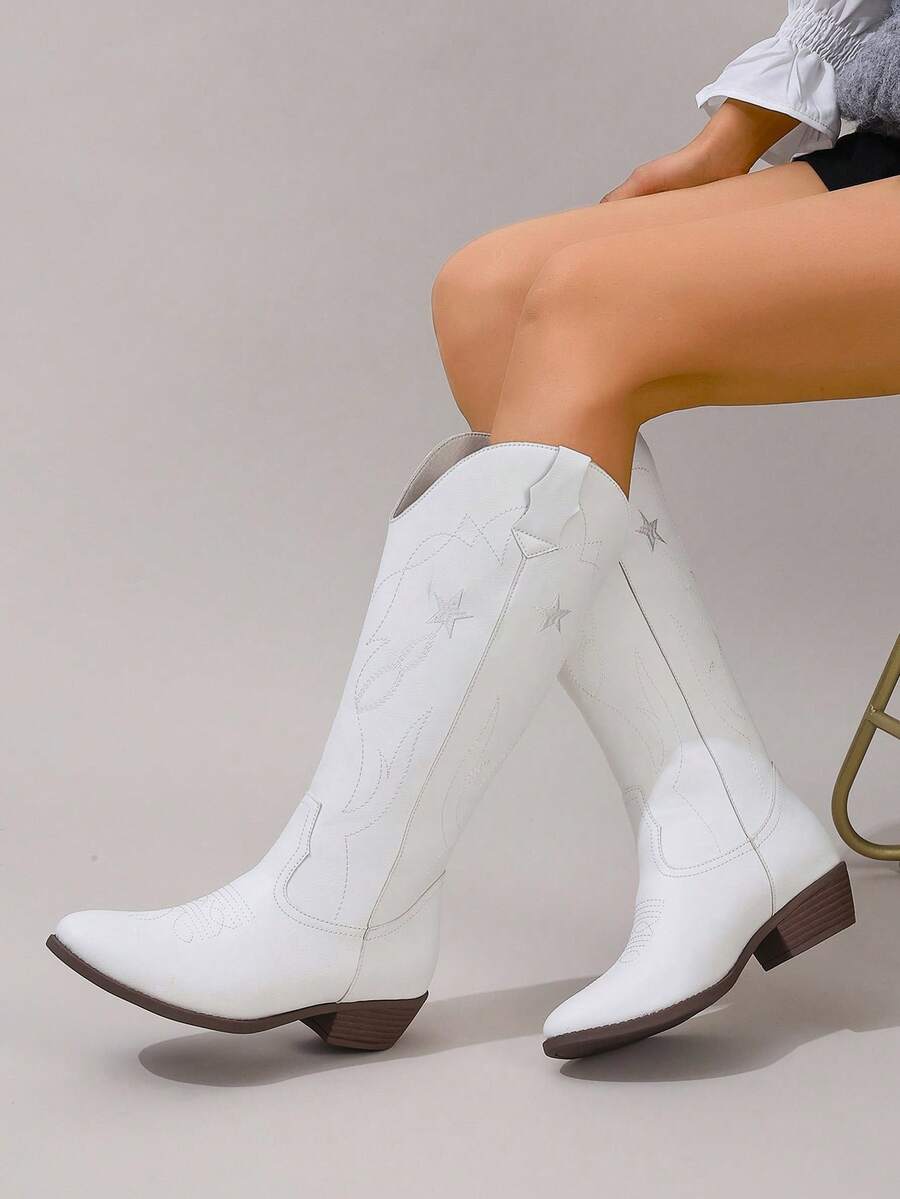 White Embroidered Asymmetrical Chunky Heel Round Toe Cowboy Boots, Versatile For Commuting, Office, Vacation, Bohemian Style For Women - White - View 1