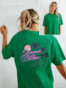 Camiseta de Mujer Estilo Bohemio - Camiseta Impresa% Algodón Suave y Cómoda, Cola de Caballo Dorada Clara con Estampado de Sol y Palmera, Estilo de Calle de Vacaciones de Playa de Verano, Cuello Redondo y Manga Corta, Regalo Perfecto para Mujeres - Rojo - Ver 1
