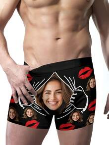 1 Pc Custom Men's Boxer Briefs, Personalized Face Customization, Printed With Christmas Elements Such As Snowflakes And Christmas Trees, As Well As Customizable Character Patterns. Personalized Photo Men's Boxer Shorts, Sweet And Romantic Long Men's Underwear, A Gift For Your Beloved, Anniversary Gift, Wedding Gift, Couple Gift, Best Friend Gift, Boyfriend/Husband/His Gift - 黑色 - 查看 6