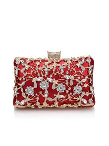 Women's Evening Clutch Bag With Metal Handle, Diamond Decor, Wedding Gold Clutch Purse With Chain Shoulder Strap - Red - View 4