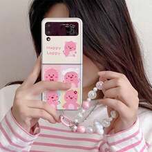 可爱卡通粉色水獭拼图皮革折叠手机壳，带链条，适用于三星 Z Flip3/4/5/6/7，治愈系可爱折叠屏幕保护膜 - 彩色 - 查看 1