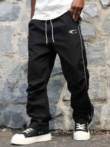 1件男士休闲印花抽绳腰裤，适合夏季街头休闲穿着 - 黑色 - 查看 7