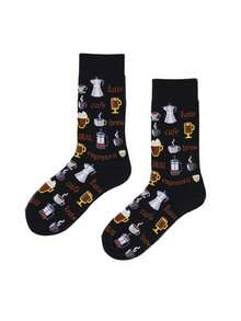 1双男女通用黑色咖啡主题印花透气休闲中筒袜，适合日常穿着和咖啡爱好者，四季皆宜。 - 彩色 - 查看 2