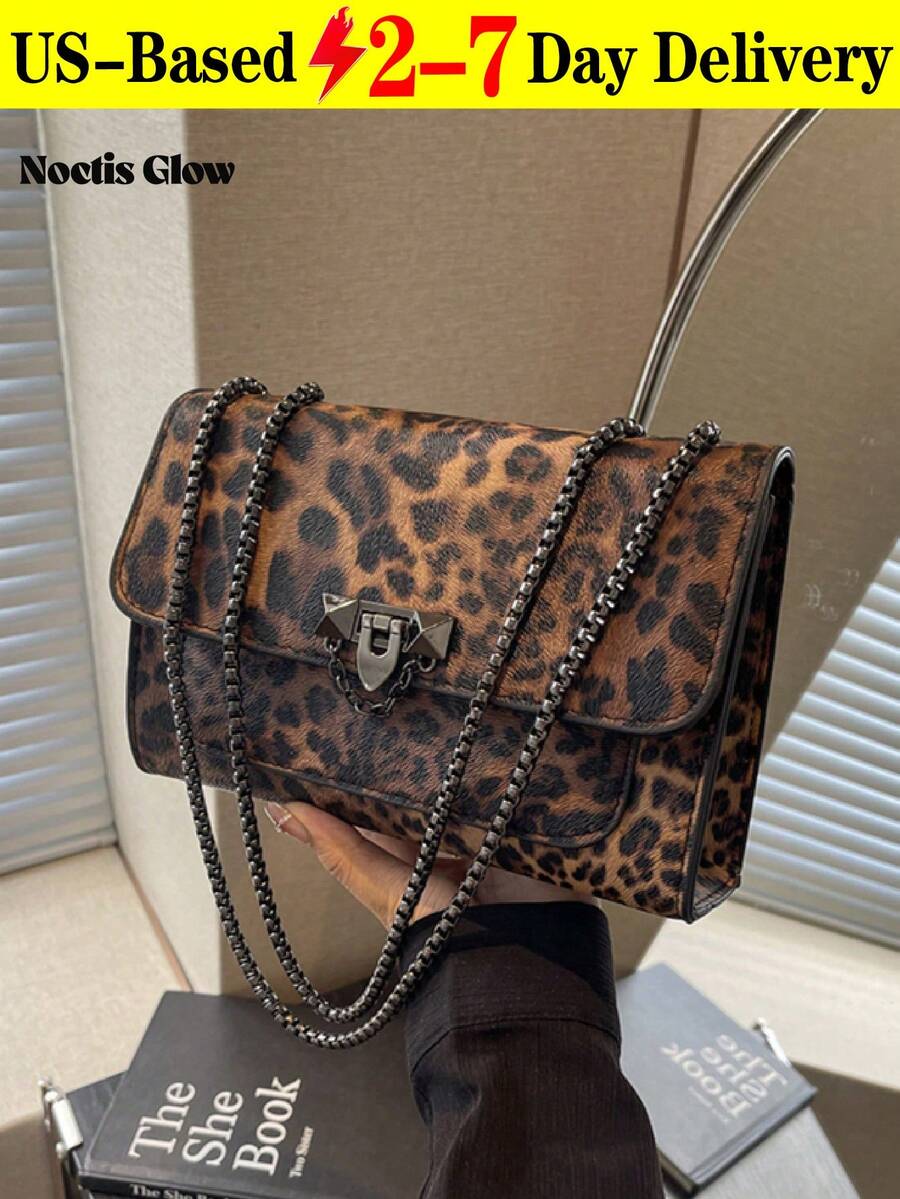 New Vintage Leopard Print PU Leather Flap Square Bag, Outdoor Vacation Travel Crossbody Bag, Elegant Banquet Party Mobile Phone Coin Purse, Versatile Business Commuter Chain Underarm Bags For Daily Office Use, Women Shoulder Bags - Multicolor - View 1