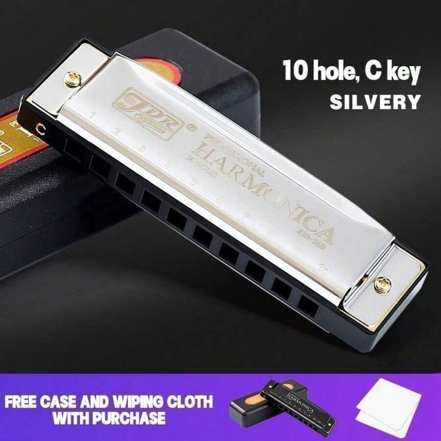 C Key 10 Hole 20 Tone Dual Harmonica Mouth Organ, Suitable For Beginners And Professionals In Blues Harmonica, Retro Style Harmonica, Equipped With A Hard Shell, Is An Ideal Gift Choice - 銀色 - 查看 1