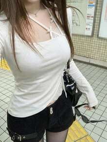 性感撞色蕾丝长袖T恤，修身剪裁，优雅时尚 - 白色 - 查看 2