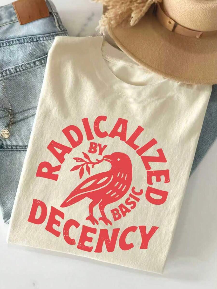 Damen Sommer Vogel Buchstaben Muster Lässig Einfach Alltäglich Locker Rundhals Kurzarm T-Shirt Top - Aprikosenfarben - Übersicht 1