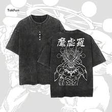 Mahoraga Cotton Tee Shikigami  Anime Graphic Print Washed Retro Cotton T-Shirt, JJK Black Acid Wash, Unisex Summer - 黑色 - 查看 2