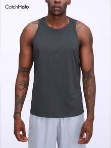 Men's Sleeveless Round Neck Fitness Tank Top, Curved Hem, Side Slit, Loose Fit, Suitable For Cycling, Running, Basketball, Gym Workout - Grey - View 2