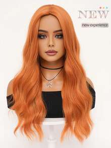 clouder Gothic Punk Orange Long Wavy Curly Wig 26-Inch Center-Parted Bangs Heat-Resistant Synthetic Fiber Wig Women's Soft And Fluffy Curls Perfect For Daily Cosplay, Street Style, Holiday Parties, Music Festivals, Y2K Aesthetic, Avant-Garde College Chic, Modern Fashion Punk Looks - 橘色 - 查看 12