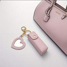 Solid Color Long Lipstick Makeup Bag + Heart-Shaped Small Mirror Pendant] Lipstick Storage Tool, Mini Lip Balm Organizer For On-The-Go Touch-Ups, Travel-Friendly Gift For, Faux Leather Coin Purse, Keychain Storage Bag - 紅色 - 查看 11