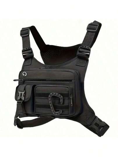 男女通用黑色战术胸包 - 可调节肩带，多口袋设计，跑步、徒步、运动健身的理想之选，安全收纳袋 | 时尚黑色设计 | 耐用拉链口袋