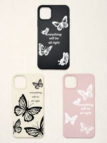 3pcs Butterfly Pattern Phone Cases, Motivational Slogan Positive Energy Phone Cases, Faux Leather Texture Black White Pink Shockproof Protective Covers, Compatible With IPhone & - Multicolor - View 41