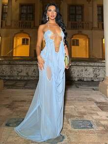 Vacation Style Sexy Mesh Halter Long Dress For Women Sleeveless Cut-Out Backless Dress For Spring Summer Vestidos Elegantes Para Fiesta Blue Dresses Elegant Party Chiffon Formal Dresses Ball Gowns Wedding Guest Dress Prom Dresses For High School Vestidos De Gala Valentine's Day Outfit - 藍色 - 查看 2