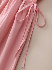 Women's Casual Lace Trim Loose Waist Midi Dress, Short Sleeve, Spring/Summer Pink - Pink - View 8