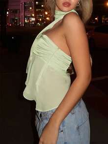 女士新款缎面抹胸上衣配围巾，短款夏季衬衫 - 薄荷綠 - 查看 7