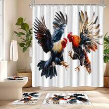1 Piece Shower Curtain: Vibrant Rooster Midair With Detailed Feathers, Dynamic Digital Art, 12 Hooks, 70.8x70.8 Inches - Weaving Technique: Woven, Care Instructions: Air Dry, Included Components: Hooks, Curtain Material: Polyester, Curtain Theme: Landscape - MZ - View 6