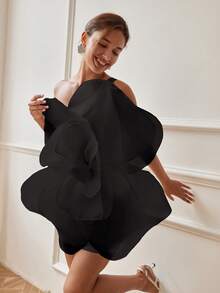 单肩露背连衣裙，饰有3D玫瑰花卉图案，优雅晚礼服，适合春夏婚礼和黑色派对。 - 黑色 - 查看 4