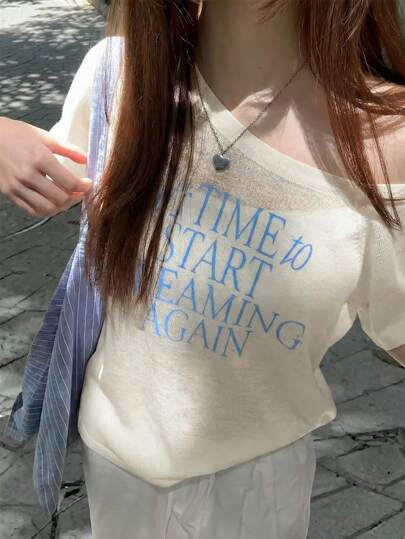 Summer Beige Blue Asymmetric Off-Shoulder Knit Top - Elegant Pure Yurty Sweet Casual Street Y2K Half-Sleeve Asymmetric Neck Letter Print Sheer Loose-Fit Ladies Knit Top & Ladies Blouse | For Young Ladies, Ladies, Sweet Girls, Y2K Girls & Hot Girls, Perfect For Valentine's Day/Women's Day/Mother's Day/Casual Hangout/Beach Vacation/Party Gathering/Back To School/Wedding Season/Music Festival/2026 Asymmetric Knit Top