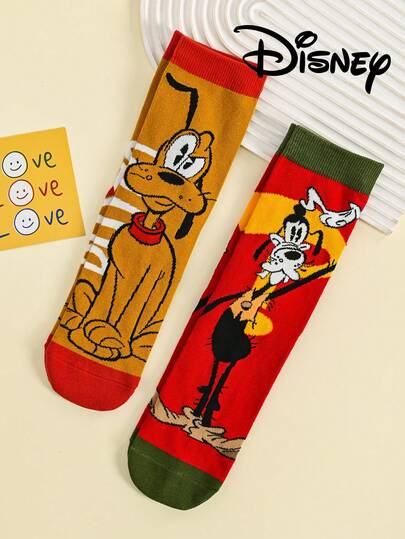 Disney 1/2 Pair Pluto Cartoon Crew Socks For Men, Skin-Friendly Comfortable Breathable, Style - Suitable For Gifts, Parties, Daily Wear, Casual Activities