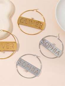 1pc Customized Hollow Name Round Earrings, Personalized Name Crown Hoop Earrings, Unique Birthday Gift, Christmas Gift, Party Gift, Valentine's Day Gift, Mother's Day Gift, Graduation Gift, Bridesmaid Gift, Wedding Gift - Silver - View 5