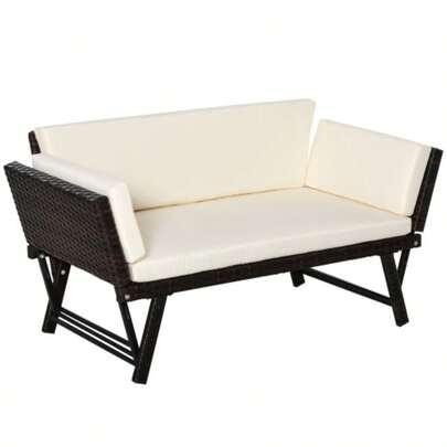 Folding 2-Seater Polyrattan Garden Sofa, Lounge Sofa With Armrests, Steel, Brown, 129 X 63 X 67 Cm, For Patio And Balcony