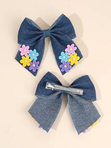 2个蓝色蝴蝶结发夹，布艺长尾花朵装饰发夹，时尚发饰，适合女孩日常佩戴 - 藍色 - 查看 8