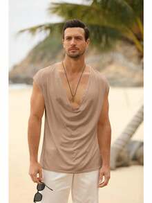 Runcati Mens Tank Tops Sleeveless T Shirts Deep V Neck Loose Casual Summer Beach Basic Tank Shirts - 淺棕色 - 查看 6