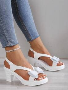 Elegant Rhinestone Sparkling Bow Decor Chunky Heel Sandals, Breathable Luxurious Style For Wedding, Party, Beach Holiday, Women's High Heels, Comfortable For Commuting In Summer, Pure White - White - View 2