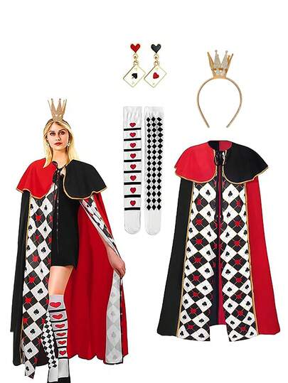3pcs Queen Costume Set - Heart Print Shawl, Crown Headband, Heart Earrings & Thigh High Socks, Extra Large Shawl, Colorful, Suitable For Fairy Tale Plays, Christmas, New Year Parties And Other Costume Parties, For Girls And Women