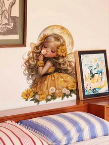 1/2/3片装多尺寸PVC可移除墙贴，卡通元素装饰，适用于卧室、客厅、书房、餐厅、浴室、家居墙面装饰 - 月光下的女孩、独角兽彩虹、梦幻粉色树下有动物、狮子骑热气球 - 彩色 - 查看 2