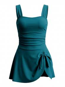 Women's Swim Dress Stylish Solid Color Wide Strap Sleeveless Square Neck Tummy Control Bathing Suit For Beach Pool - Màu xanh ngọc - Xem 3