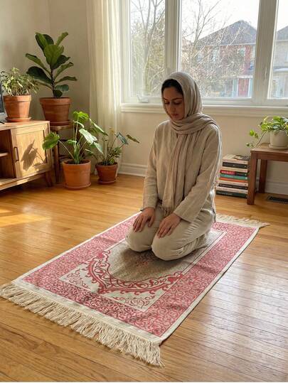 1pc Portable Prayer Mat With Tassels | Soft & Washable, Elegant Floral Pattern, Vintage Lace, Extra Large Size, For Religious Worship