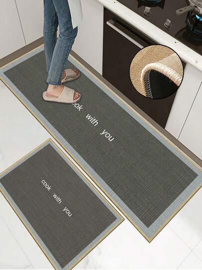 Alfombra de cocina de goma de 3.5 mm de grosor con diseño de bloque de color minimalista, alfombra de cocina absorbente con bordes cosidos para evitar el desprendimiento, superficie de lino, capa intermedia de esponja, parte inferior de goma, adecuada para cocina, baño, lavandería, entrada, sala de estar y talla grande