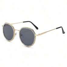 Round Frame Metal  For Men, High-End Driving Retro ,For Women - 金色邊框,飾以灰色亮片和水鑽 - 查看 5