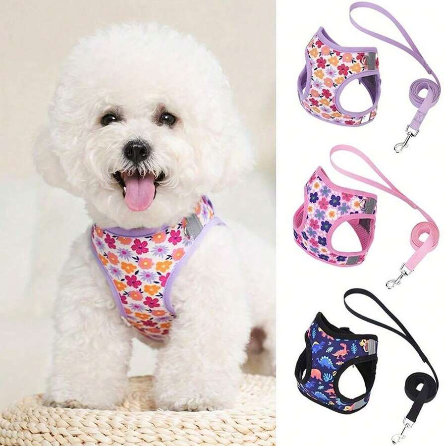 Một bộ dây đeo cho chó cưng với họa tiết hoa và khủng long, kèm theo dây xích dài 1,5 mét. Bộ dây đeo bền chắc này có thiết kế quấn quanh 360°, kiểu dáng thời trang và chắc chắn. - Nhiều màu - Xem 1