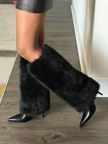 Women's Fluffy Fur Pointed Toe Stiletto Heels Knee High Boots Holiday Vacay Vibe For Elegant Fashionable Boots Spring Summer Party Evening Gala - 黑色 - 查看 6