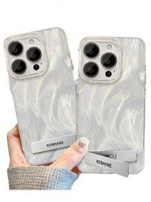 1pc Silver Feather Chiffon Full Coverage Phone Case + 3D Metal Stand, Compatible With IPhone 11/12/13/14/15/16/17/Pro Max - Silver - View 1