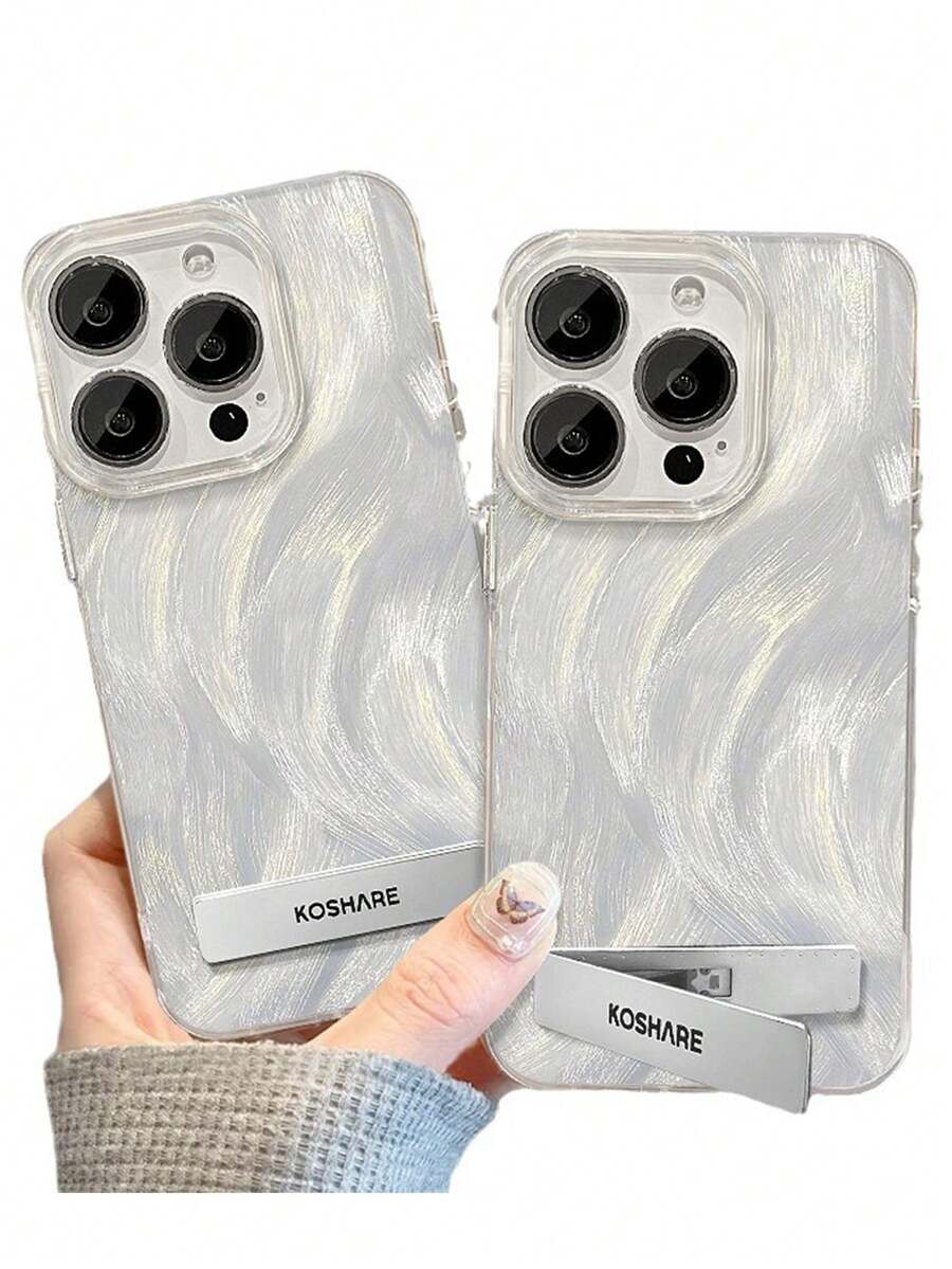 1pc Silver Feather Chiffon Full Coverage Phone Case + 3D Metal Stand, Compatible With IPhone 11/12/13/14/15/16/17/Pro Max - Silver - View 1