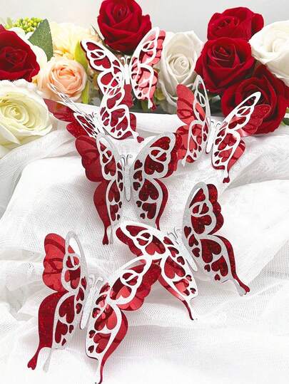 6pcs Glitter Butterfly Decorations, Hollow 3D Butterfly Wall Stickers For Valentine's Day, Wedding Decor, Fridge Decor, Photography Props, Theme Party Glitter Stickers