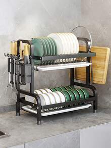 1 pieza Estante de cocina de hierro negro de 2 niveles; Organizador de almacenamiento de utensilios - Multicolor - Ver 4