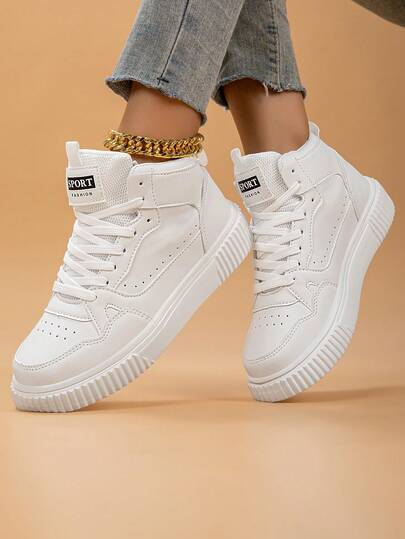 女士时尚休闲高帮系带透气撞色运动鞋，轻便舒适的滑板鞋